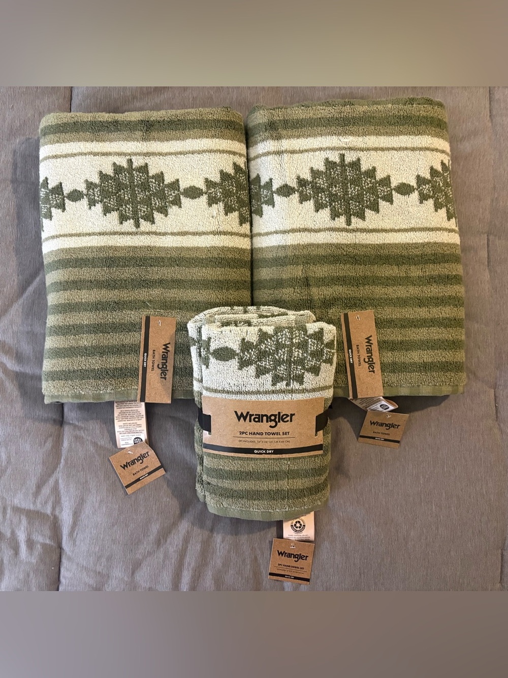 Wrangler Olive Green & Cream Southwest Stripe Bath & Hand Towel Set